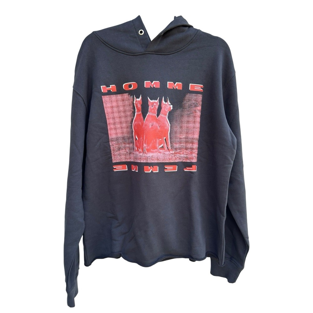 Homme Femme Doberman Black Hoodie Mens Small Raw Hem Graphic Print Sweatshirt